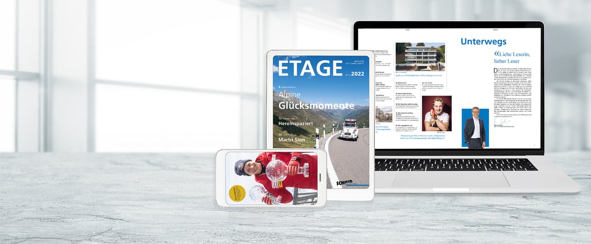 ETAGE-Ausgabe auf verschiedenen Mobilgeräten.