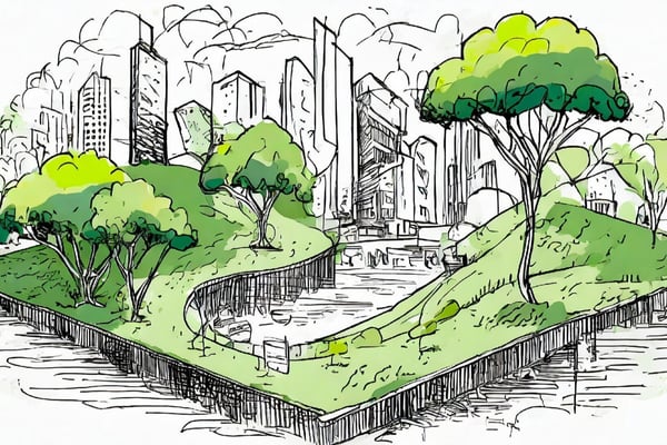 Skizze einer Grünanlage in einer Grossstadt
