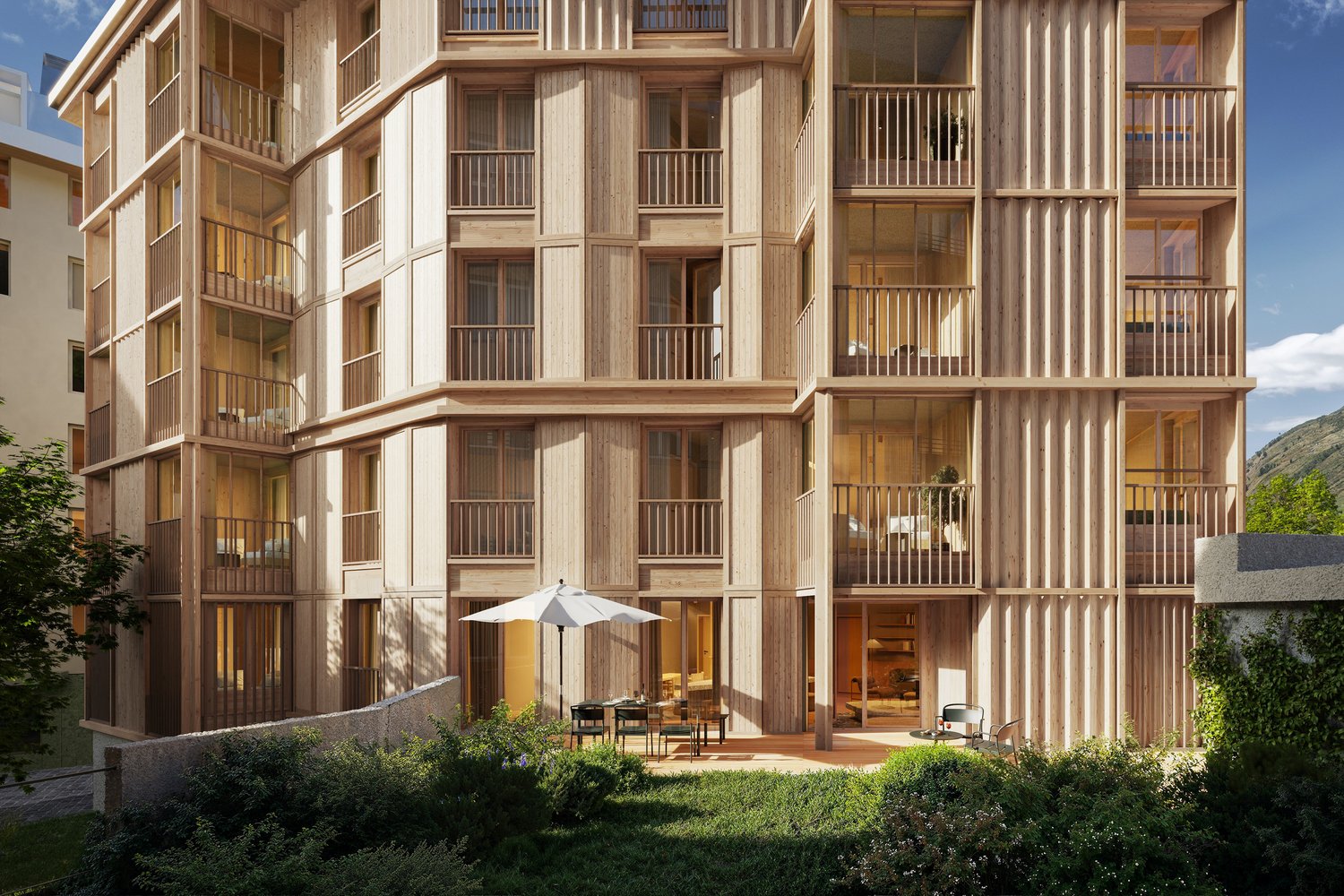 MFH Tova Fassade mit Blick auf die Gartenwohnung