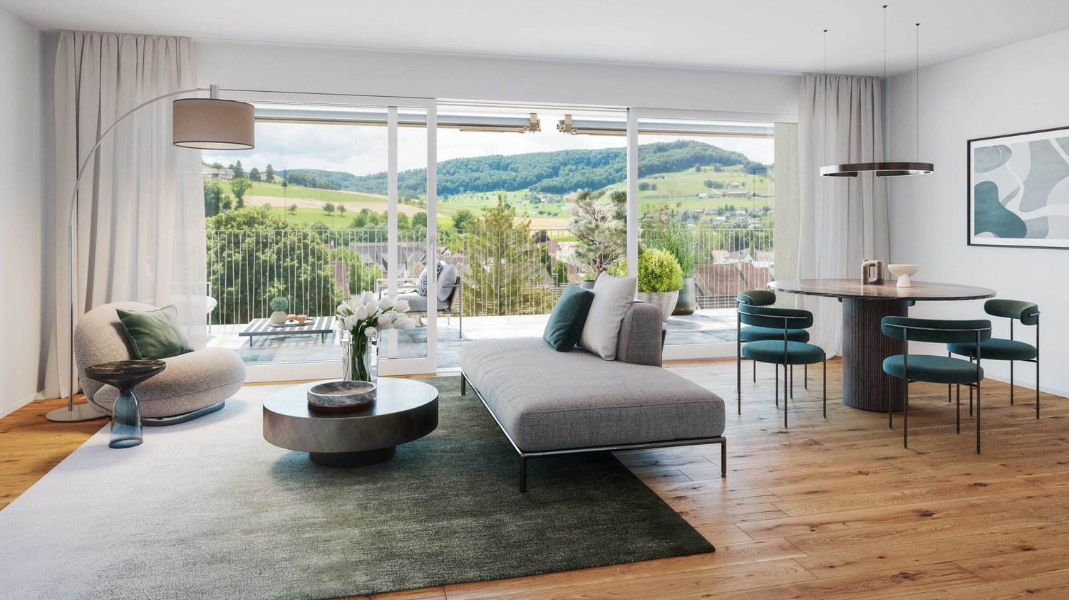 Wohnen Essen mit Blick auf den Balkon