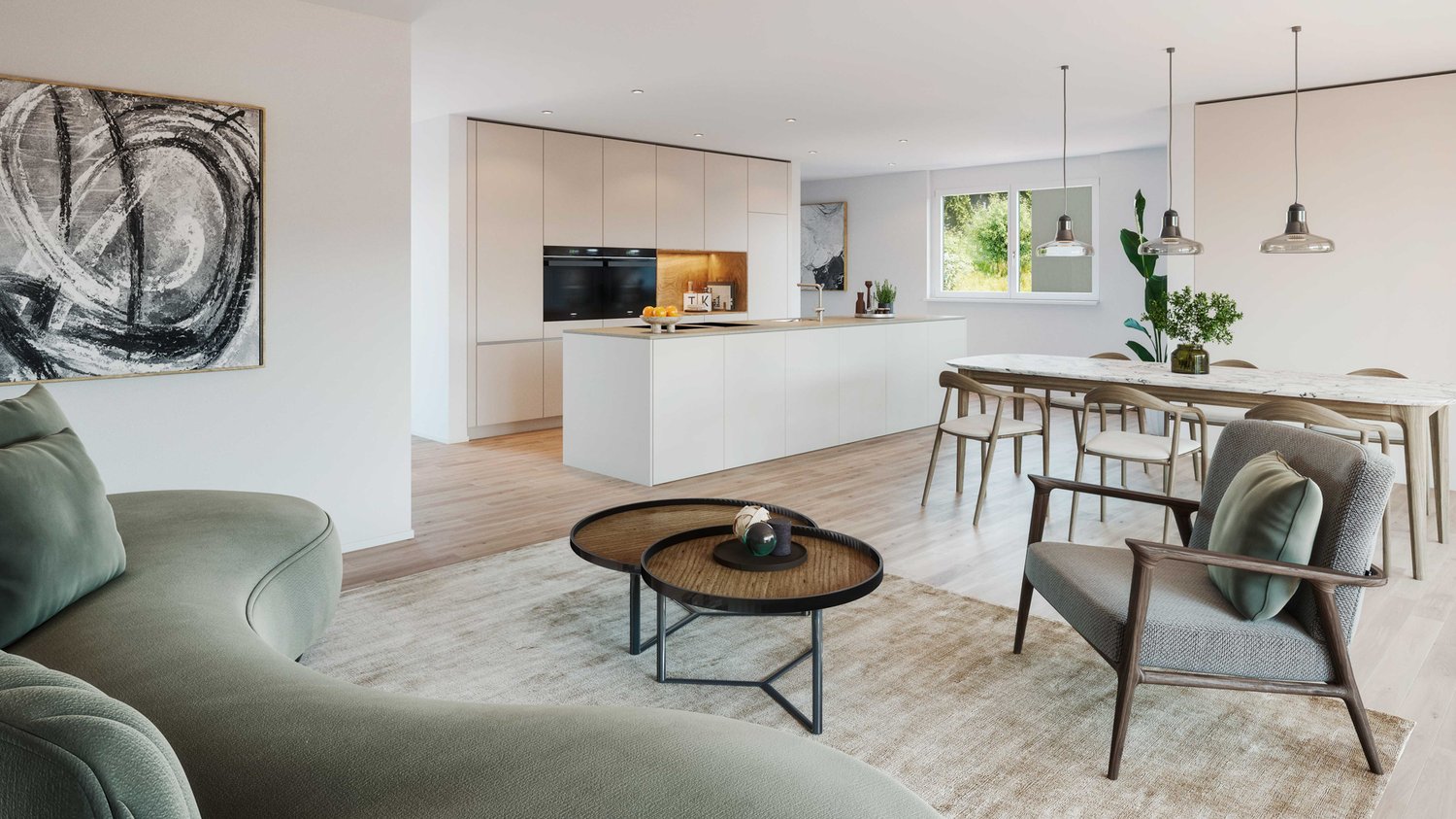 Wohnraum mit Küche und Essen