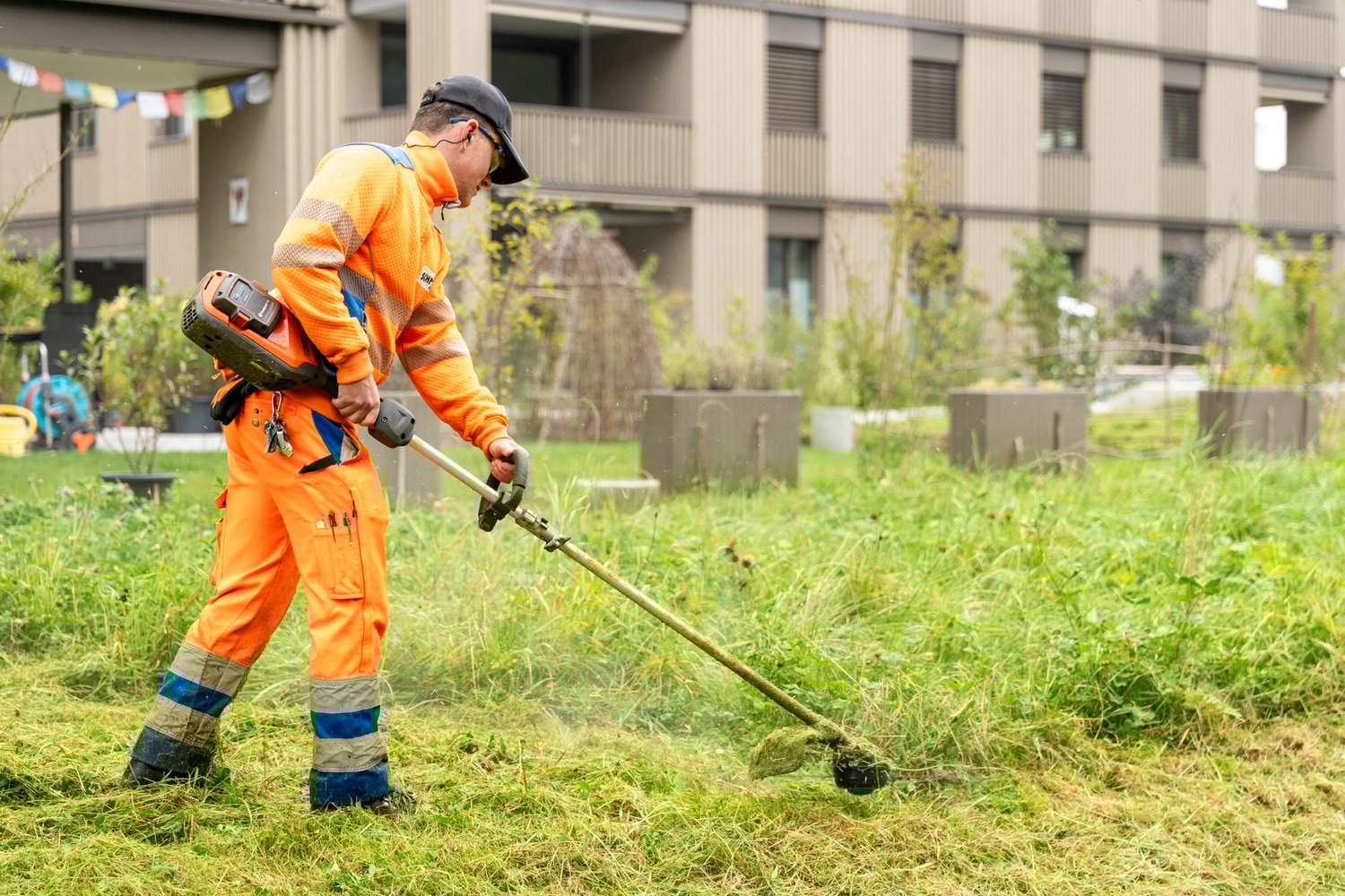 Gartenbaumitarbeiter schneidet das Gras zurück