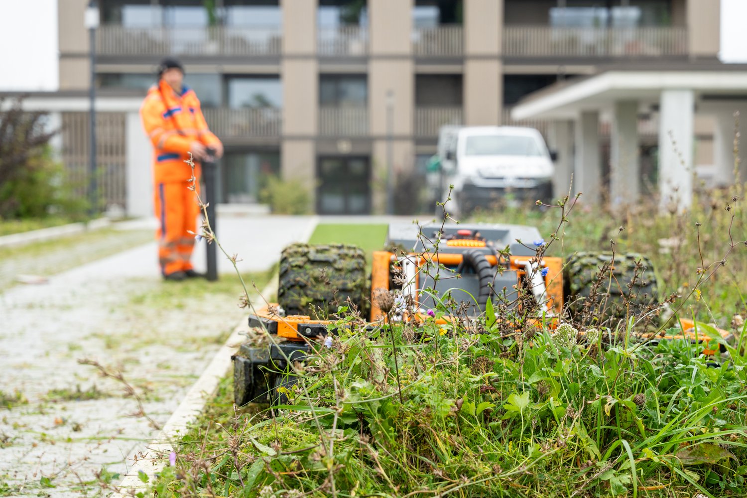 Gartenbaumitarbeiter mäht den Rasen