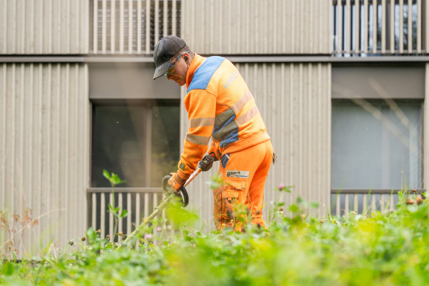 Gartenbaumitarbeiter schneidet den Rasen